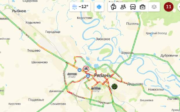 Транспортный коллапс: в Рязани "снежные" пробки 16 февраля достигли 11 баллов