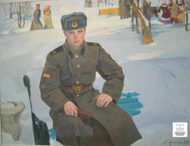 Солдат в увольнении. На рукаве "годички", отменённые в 1982 году. Парень видимо не знал про простатит) И художник тоже.