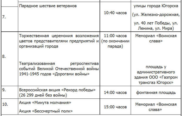 План мероприятий на 9 мая югорск