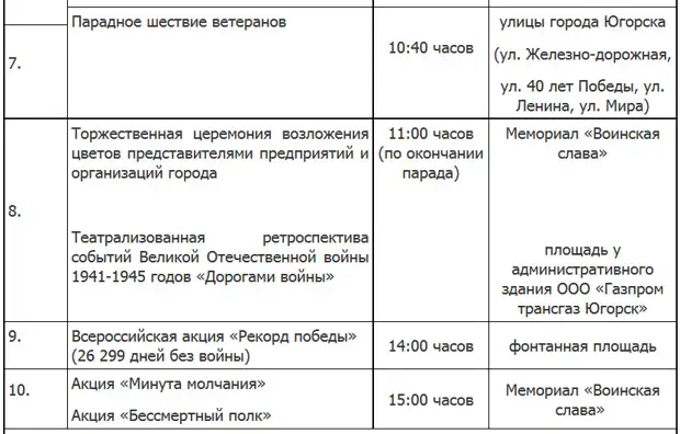 План мероприятий на 9 мая в ханты мансийске