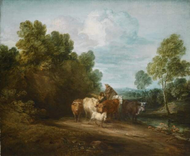 Томас Гейнсборо. Пейзаж с конным крестьянином, пастухом, скотом и домом вдалеке