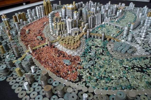 Как вот этот миниатюрный город, например интересное, мелочь, монеты, сделай сам, скульптуры из монет