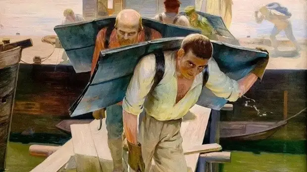 Григорий Медведев. Грузчики на Волге (фрагмент). 1929