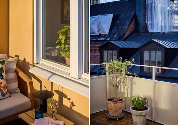 Садовый диванчик с мягкими съемными подушками, растения в старых керамических горшках (в квартире вазоны, конечно, покрасивее), вазочки с живыми цветами, свечки и фонарики — наглядный пример, как сделать балкон уютным