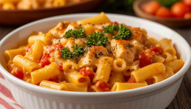 Макароны по-новому: курица в сливках под сырной шапкой — пальчики оближешь