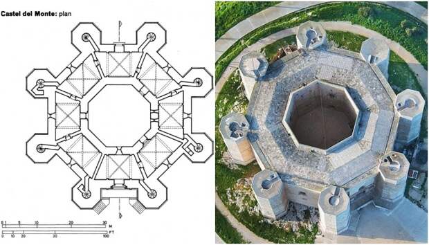 Подчеркнутая геометричность замка, в облике которого угадывается сразу несколько стилей архитектуры (Кастель-дель-Монте, Италия). 