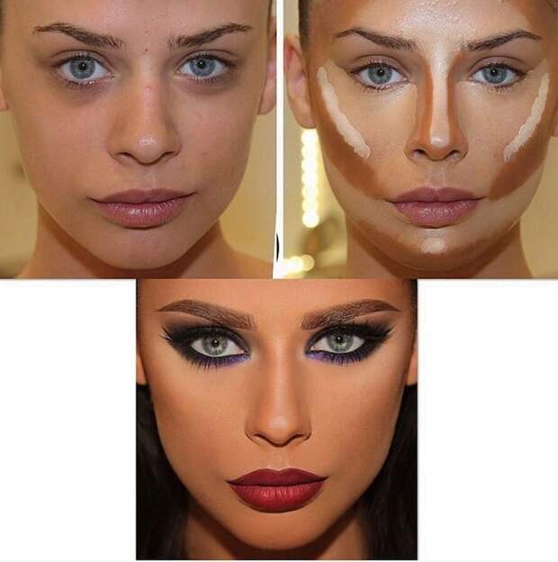 3. Заостренные скулы до и после макияжа, контуринг, макияж