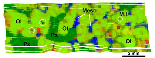 Рис. 9. Минералого-геохимическая карта образца оливиновой породы, составленная на основе данных рентгеновско-флуоресцентного анализа