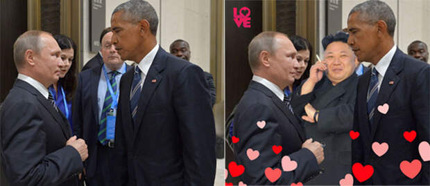 Уничтожающий взгляд Обамы на Путина оказался в центре битвы фотожаб