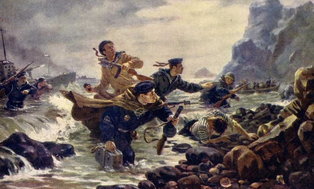 Красная Армия освободила Курилы в августе 1945 г. Худ. А. И. Плотнов "Десант..."