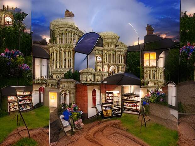 A fancy house in golden stone surrounded by sprays of blue and red flowers. The light of a sunset storm illuminates its complicated pillars and balconies, and from the red brick rooms on the ground floor there are several invitingly lit cases that seem like they would contain ice cream and snacks.