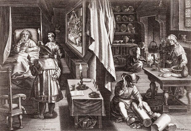 Приготовление лекарства против сифилиса из коры растения. Гравюра XVI века голландского гравера и издателя Филиппа Галле