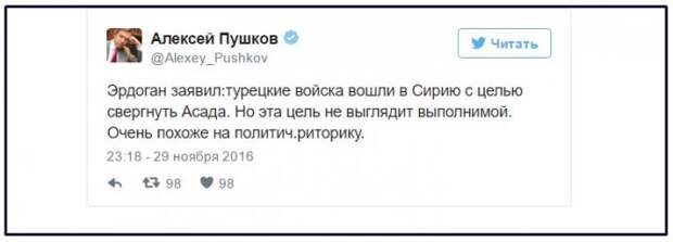 Пушков назвал невыполнимой цель турецкой армии свергнуть в Сирии Асада