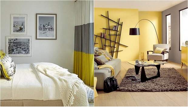 Идеи для декорирования гостиных в желто-серых тонах.