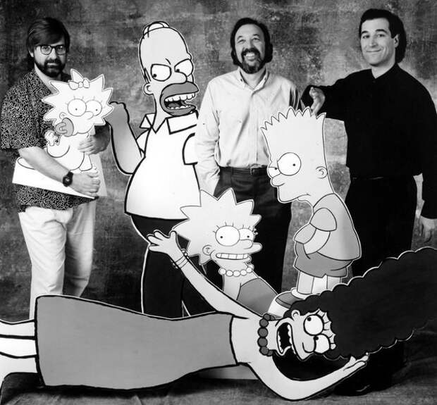 Создатели сериала Симпсоны Мэтт Гроунинг, Джеймс Брукс и Сэм Саймон вместе с героями мультика, 1990 год история, события, фото