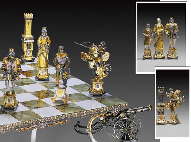 Венецианский шахматный набор Medieval Venice Chess Set. (Средневековый венецианский период). (Шахматная доска: 67 x 67 x 9,5 см. Высота фигур около 18 см.)  