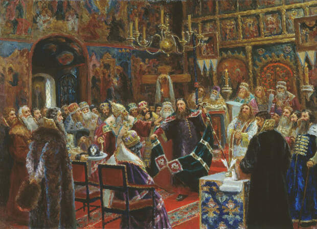 Суд над патриархом Никоном. Художник С.Д. Милорадович. 1885 год. 