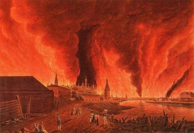 Вид на Кремль во время пожара в Москве в сентябре 1812 года. Шмидт с оригинала Х.И.Олендорфа. Музей Мармоттан, Париж.jpg