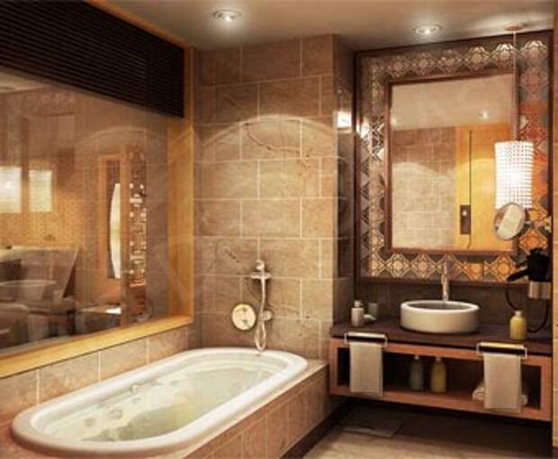 роскошный дизайн ванной комнаты достигнут применением больших зеркальных поверхностей