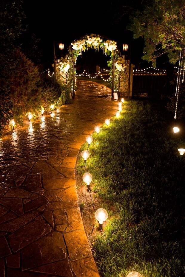 Цепочка светильников выставлена вдоль садовой дорожки