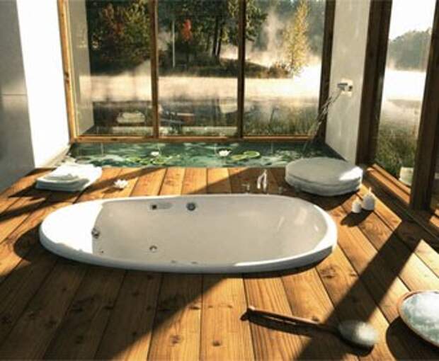ванна на деревянном подиуме с маленьким прудом