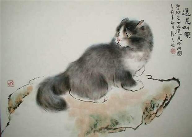 Картины акварелью, кошки акварелью, китайская художница, Гу Йингжи, Gu Yingzhi
