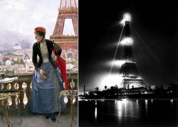 Подсветка Эйфелевой башни 100 лет назад.