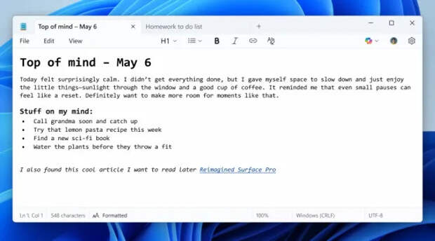 Блокнот в Windows 11 получил поддержку форматирования