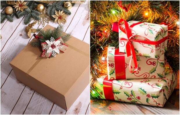 Красиво оформите коробки из-под обуви, чтобы получились подарки под елку