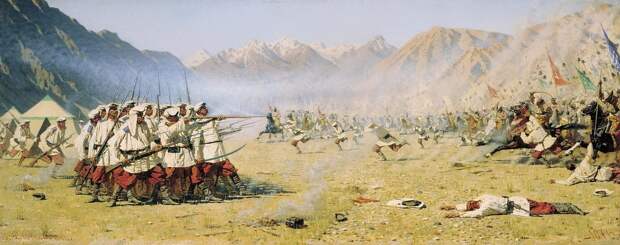Картина В. Верещагина «Нападают врасплох», 1871 год. Картина не служит иллюстрацией какого-то конкретного боя — художник вложил в неё своё видение некого обобщённого сражения в Туркестане