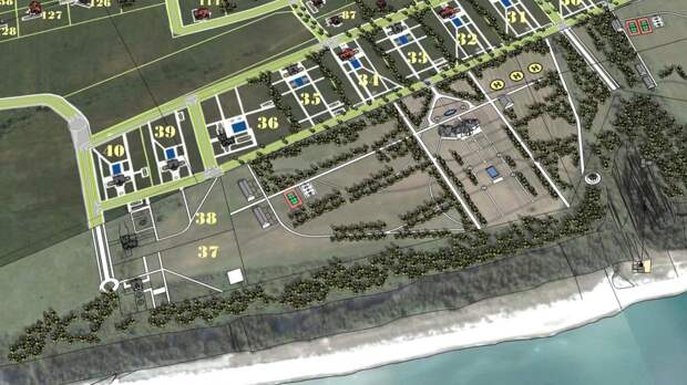План усадьбы «Дара» на схеме-проекте будущего поселка Синявино с сайта застройщика (синявино.рф). На схеме можно увидеть саму усадьбу, три вертолетные и площадки, лифт на пляж 
