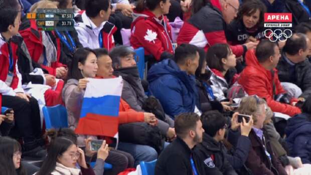 Российские флаги - на фигурном катании. Их принесли корейцы