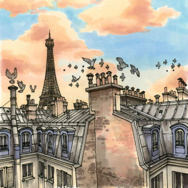 Голуби, парящие над парижскими крышами.