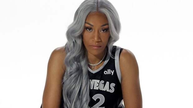 A'ja Wilson poses for a photo at WNBA media day.