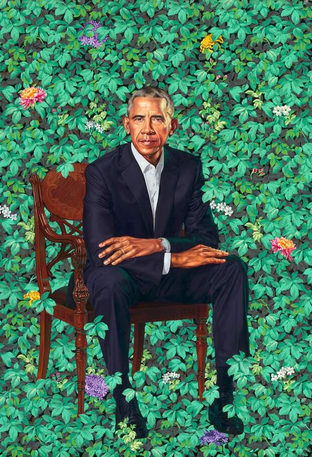 Former President Barack Obama's portrait by Kehinde Wiley, oil on canvas, unveiled at the National Portrait Gallery in Washington(Kehinde Wiley/The Washington Post)