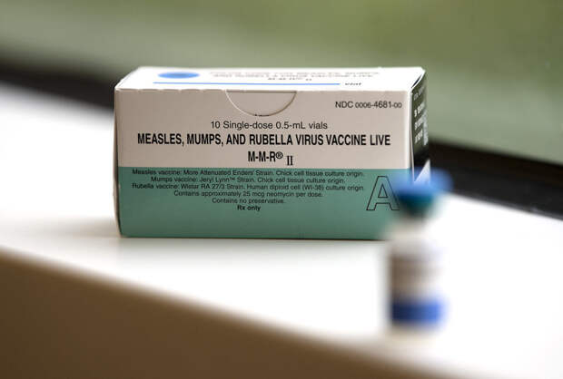 A box containing the measles vaccine is displayed at the Kaiser Permanente Cascade Park office Monda