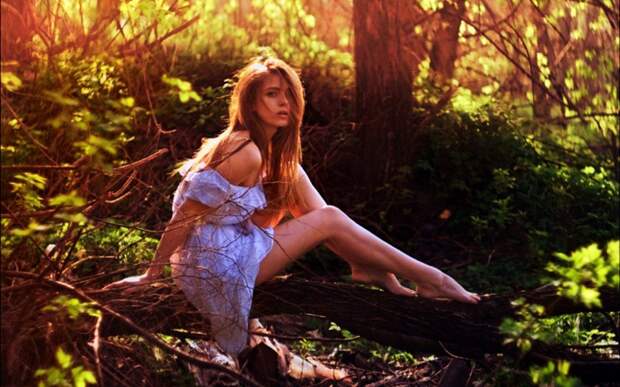 Woodland Beauty, plants, redhead, tree trunk, trees, woman,