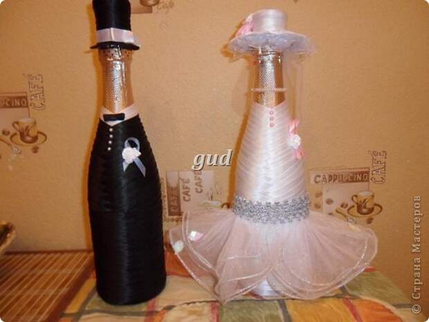 Декор предметов Мастер-класс Свадьба Аппликация Свадебные бутылочки и МК Ленты фото 28