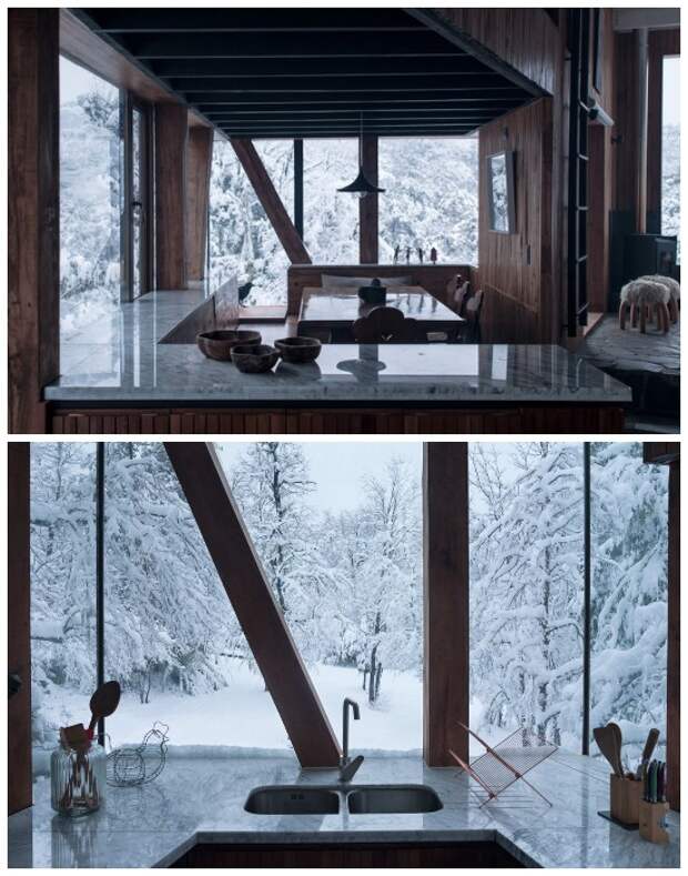 Кухня в горной хижине сделана из природных материалов (La Dacha, Чили). Кухня в горной хижине сделана из природных материалов (La Dacha, Чили).