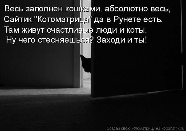 Котоматрица: Весь заполнен кошками, абсолютно весь, Сайтик "Котоматрица" да в Рунете есть. Там живут счастливые люди и коты. Ну чего стесняешься? Заходи и 