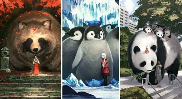 Японская художница Monokubo и ее позитивные миры с животными-гигантами