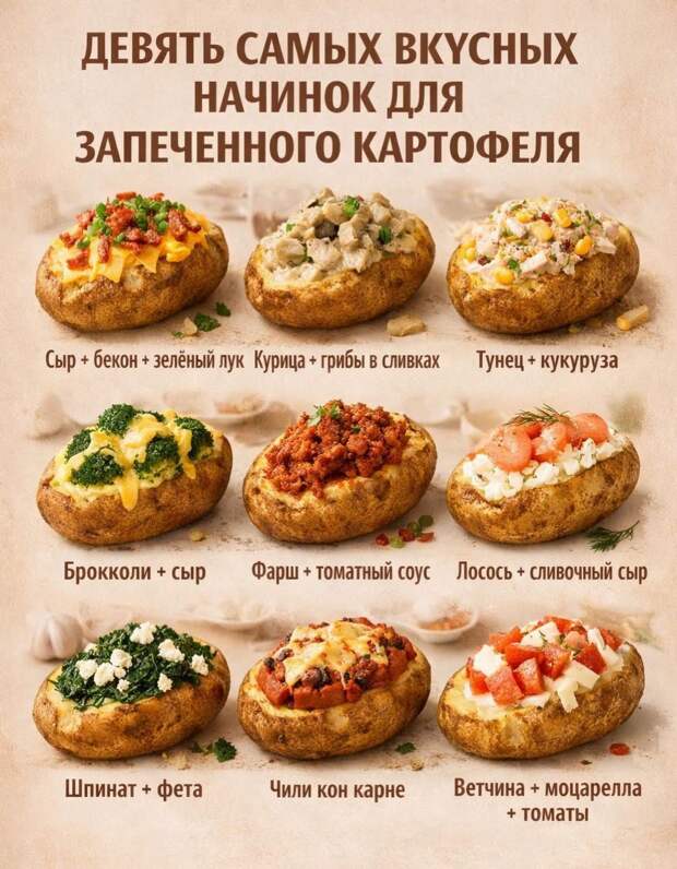 Кулинария>9 самых вкусных начинок для запечённого картофеля!