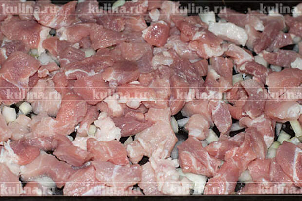 Мясо нарезать мелкими кубиками или соломкой. Положить на лук.