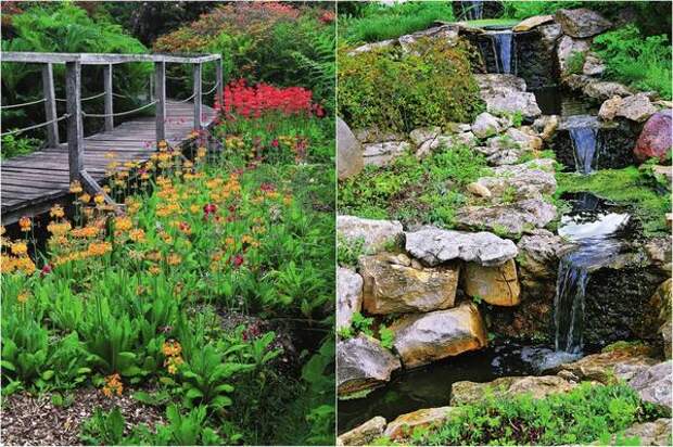 Слева: Мостики &amp;amp;mdash; находка для любого сада. Справа: Естественный водопад сделает пейзаж участка более динамичным, а его приятное журчание поможет расслабиться.