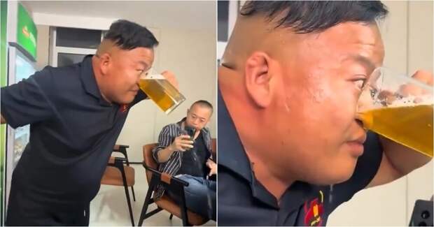 Мужчина выпил пиво через нос