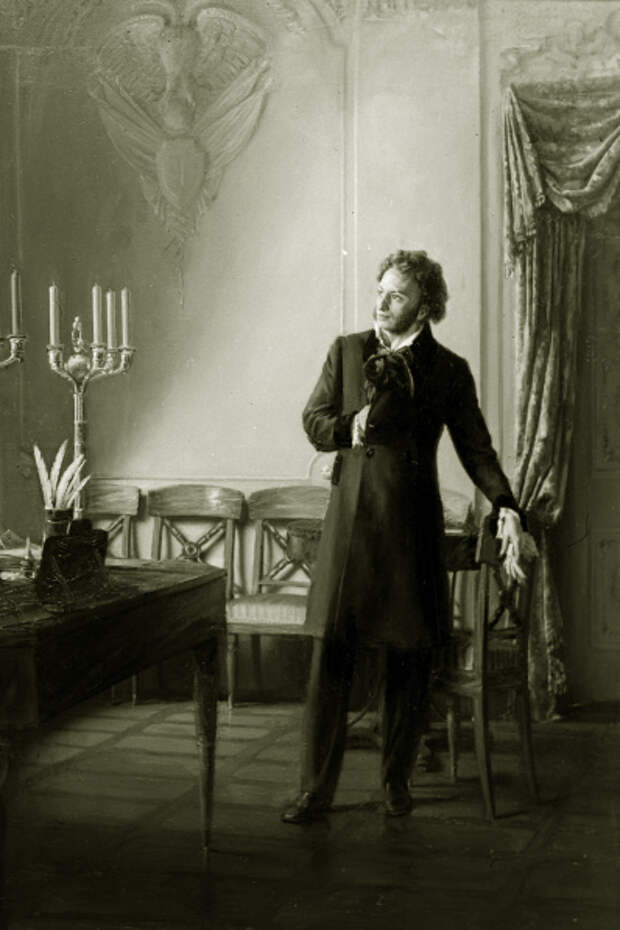 Репродукция картины художника Александра Китаева Пушкин и Бенкендорф . 1961 год