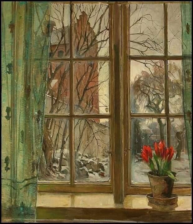 Painting windows. Художник Carlo Hornung-Jensen.. Стивен Дарбишир (Stephen Darbishire). Весенний пейзаж из окна. Решётка а окне в живописи.