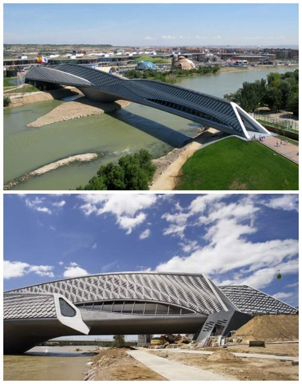 Мост-павильон Zaragoza Bridge в Сарагосе органично вписался в речной ландшафт города (Испания).