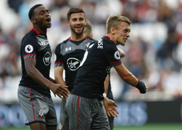 Southampton's James Ward-Prowse celebrates scoring their third goal with team mates