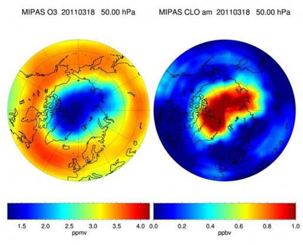 На рисунках показаны обширные озоновые дыры обнаруженные